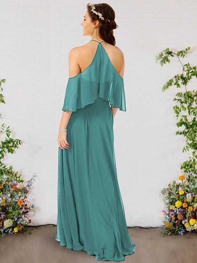 Luolandi A-Line Bridesmaid Dress Halter Neck Sleeveless Elegant Floor Length Chiffon Pure Color